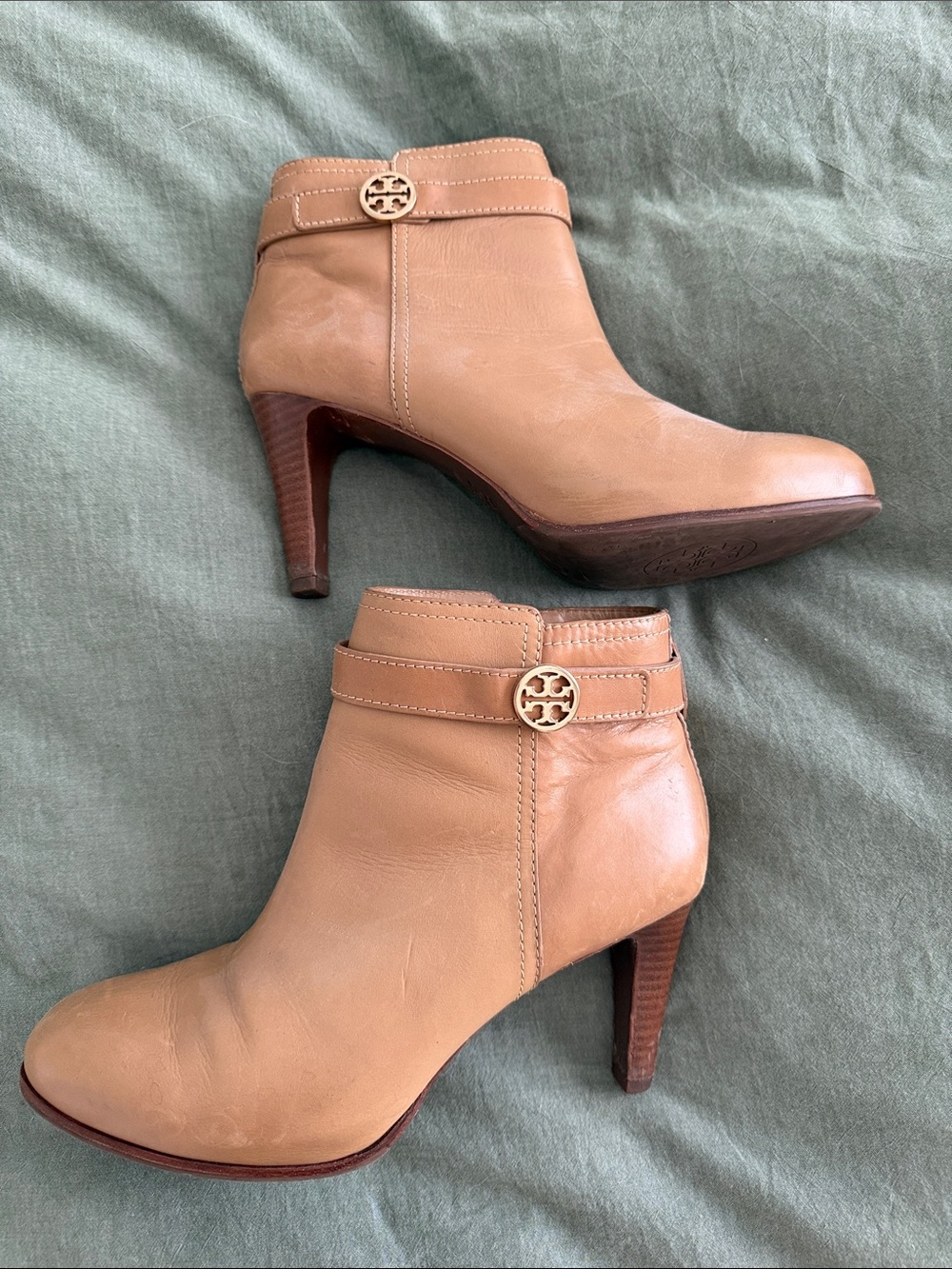 Tory Burch Beige Leather Ankle Booties with Logo Strap